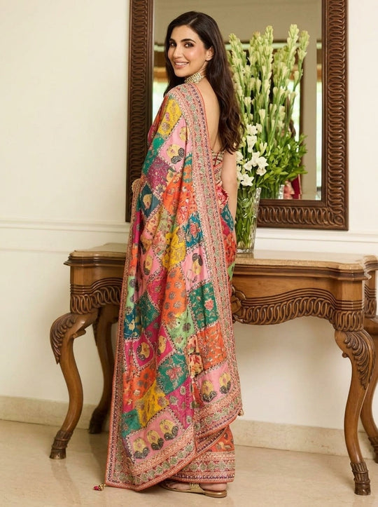 Printed Embellished Mirrorwork Chiffon Saree