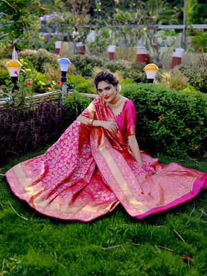 Pink Banarasi Silk Saree With Blouse Piece