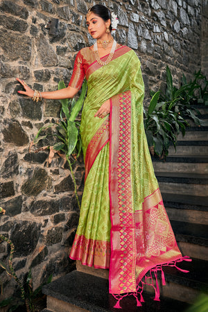 Parrot Green Organza Saree With Blouse