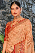 Creamy Peach Organza Saree With Blouse