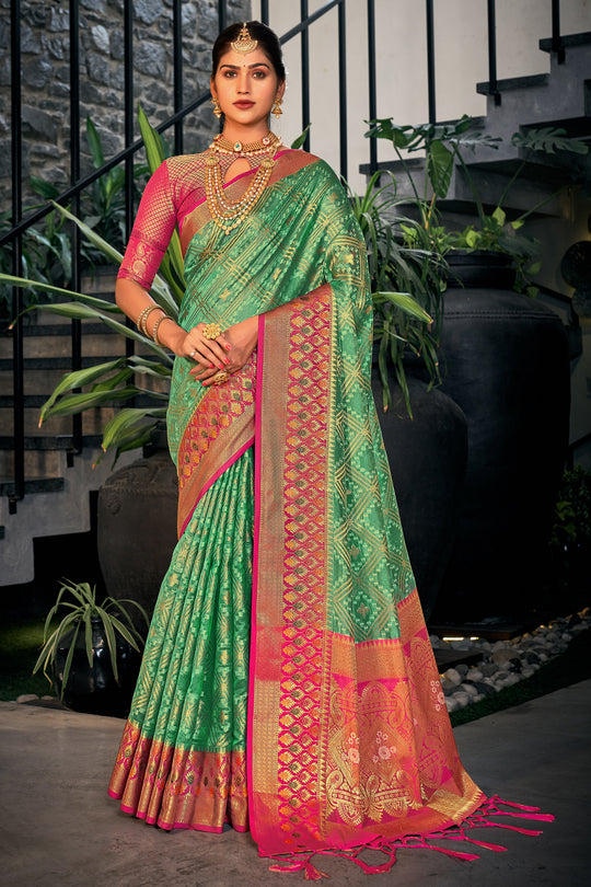 Sea Green Organza Saree With Blouse