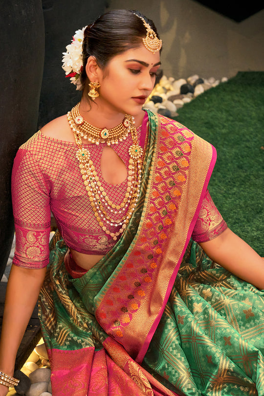 Sea Green Organza Saree With Blouse