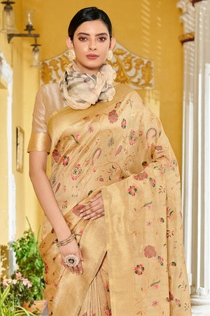Beige Banarasi Silk Saree With Blouse Piece