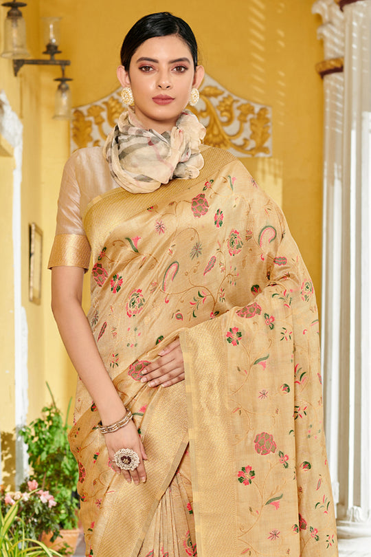 Beige Banarasi Silk Saree With Blouse Piece