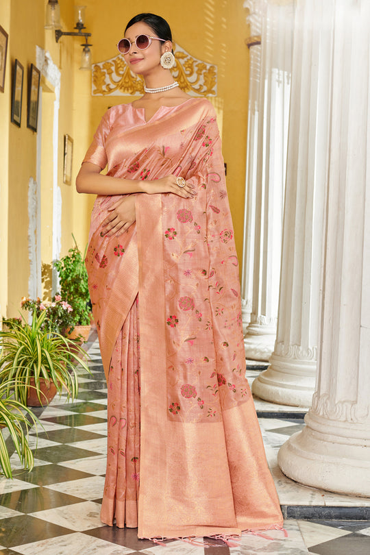 Pink Banarasi Silk Saree With Blouse Piece