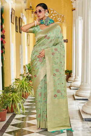 Sea Green Banarasi Silk Saree With Blouse Piece