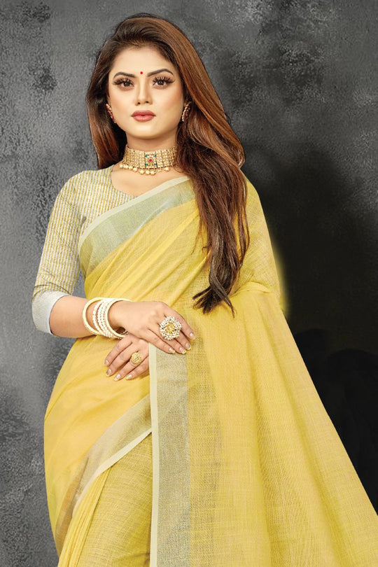 Lemon Yellow Linen Blend Saree