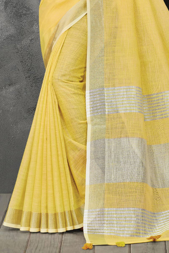 Lemon Yellow Linen Blend Saree