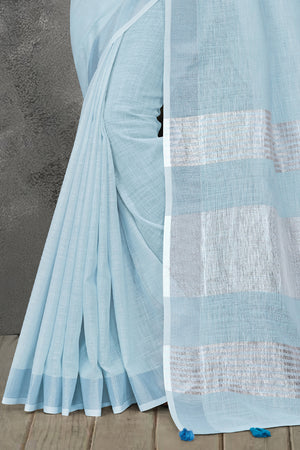 Sky Blue Linen Blend Saree