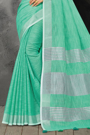 Sea Green Linen Blend Saree