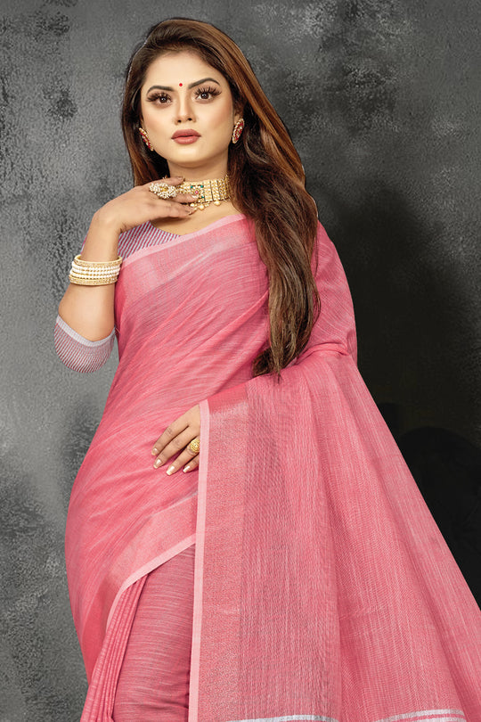 Rouge Pink Linen Blend Saree