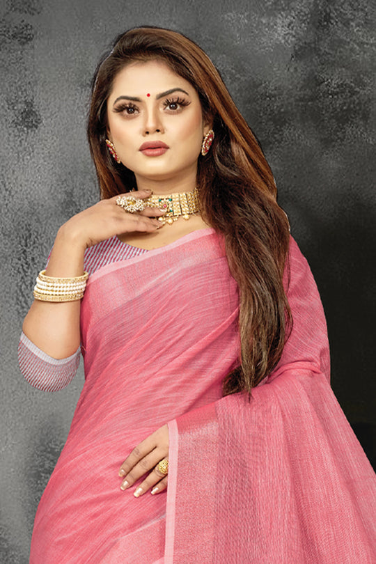 Rouge Pink Linen Blend Saree