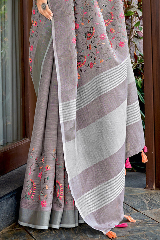 Pewter Grey Linen Blend Saree