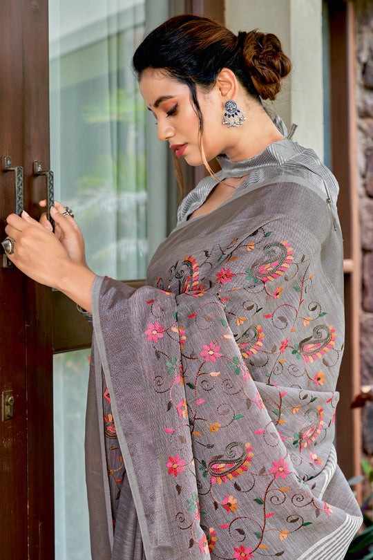 Pewter Grey Linen Blend Saree