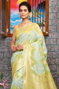 Womens Cotton Green Saree With Blouse Piece