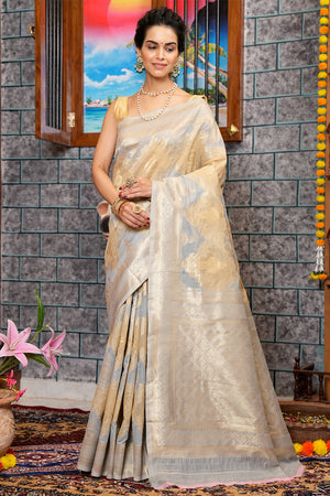 Womens Cotton Silver Saree With Blouse Piece