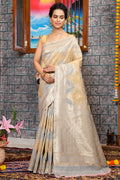 Womens Cotton Silver Saree With Blouse Piece