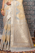 Womens Cotton Silver Saree With Blouse Piece