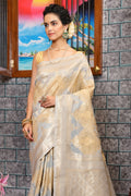 Womens Cotton Silver Saree With Blouse Piece