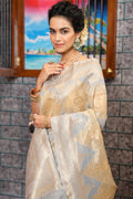 Womens Cotton Silver Saree With Blouse Piece