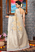 Womens Cotton Silver Saree With Blouse Piece