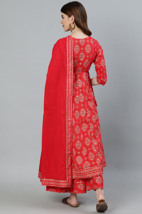 Women's Red Anarkali Kurta With Palazzo & Dupatta