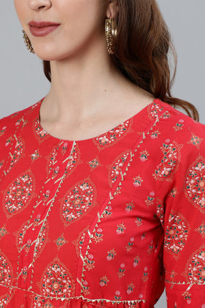 Women's Red Anarkali Kurta With Palazzo & Dupatta