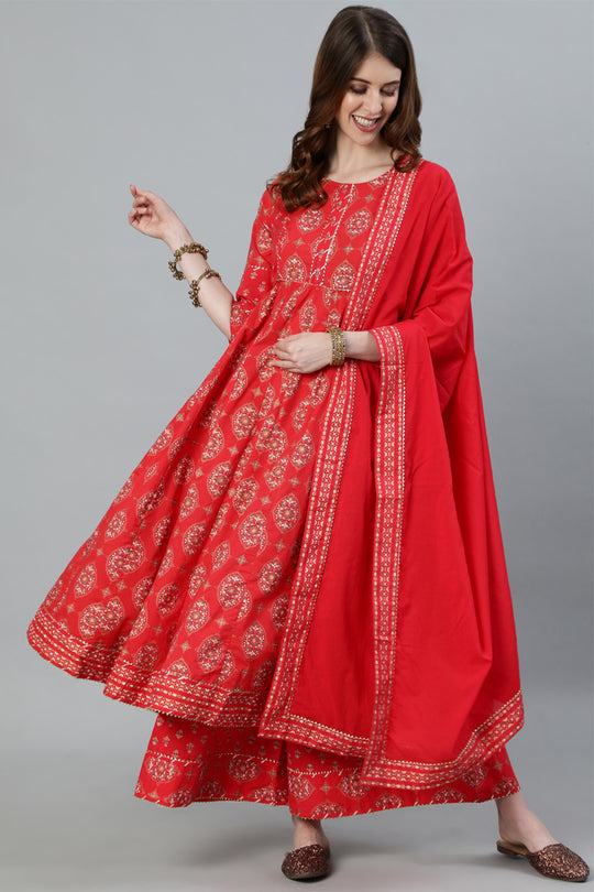 Women's Red Anarkali Kurta With Palazzo & Dupatta