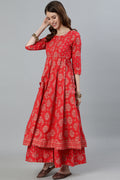 Women's Red Anarkali Kurta With Palazzo & Dupatta