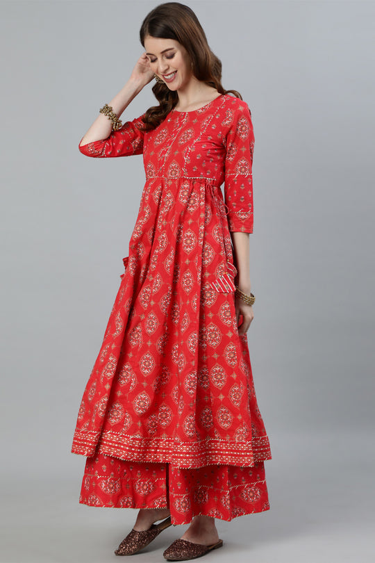 Women's Red Anarkali Kurta With Palazzo & Dupatta