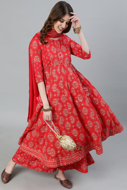 Women's Red Anarkali Kurta With Palazzo & Dupatta
