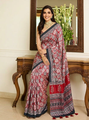 Printed Bandhani Ajrak Mirrorwork Saree