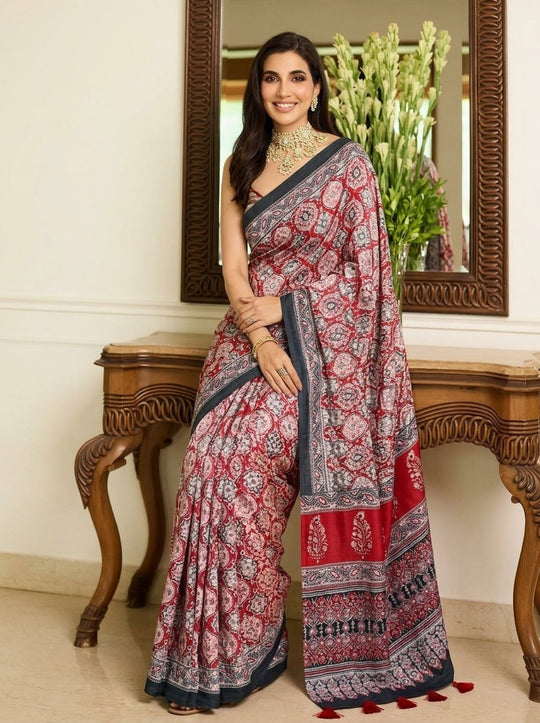 Printed Bandhani Ajrak Mirrorwork Saree