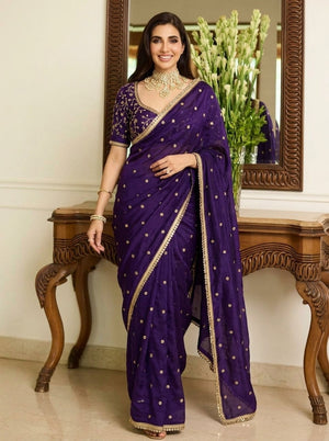 Embroidered Embellished Sequinned Satin Saree