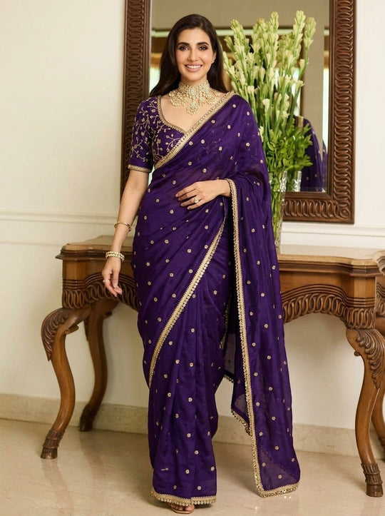 Embroidered Embellished Sequinned Satin Saree