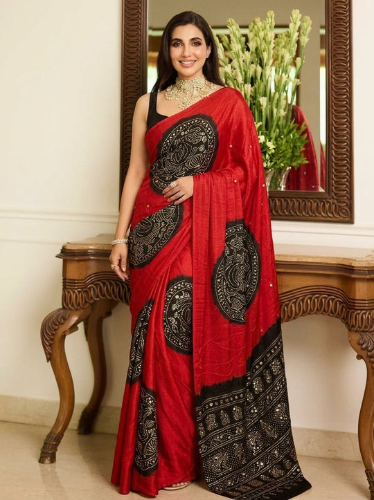 Printed Bandhani Ajrak Mirrorwork Saree