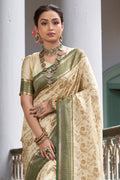 Cream & Green Banarasi Silk Saree With Blouse Piece