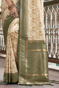 Cream & Green Banarasi Silk Saree With Blouse Piece