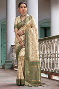 Cream & Green Banarasi Silk Saree With Blouse Piece