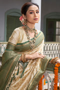 Cream & Green Banarasi Silk Saree With Blouse Piece