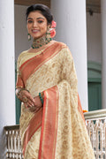 Cream & Red Banarasi Silk Saree With Blouse Piece