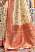 Cream & Red Banarasi Silk Saree With Blouse Piece