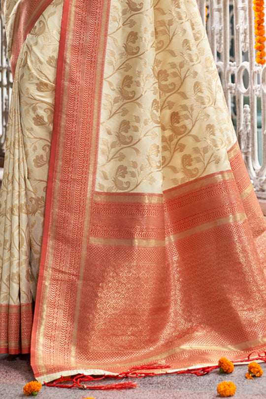 Cream & Red Banarasi Silk Saree With Blouse Piece