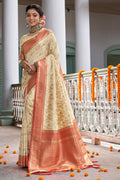 Cream & Red Banarasi Silk Saree With Blouse Piece