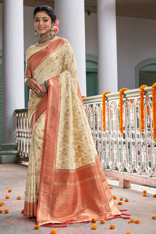 Cream & Red Banarasi Silk Saree With Blouse Piece