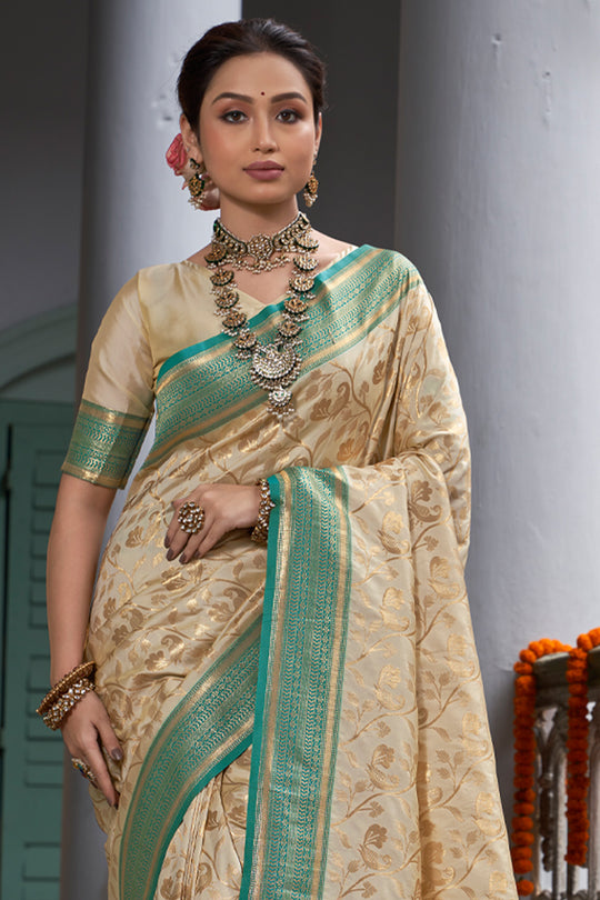 Cream & Blue Banarasi Silk Saree With Blouse Piece
