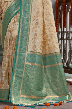 Cream & Blue Banarasi Silk Saree With Blouse Piece