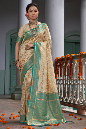 Cream & Blue Banarasi Silk Saree With Blouse Piece