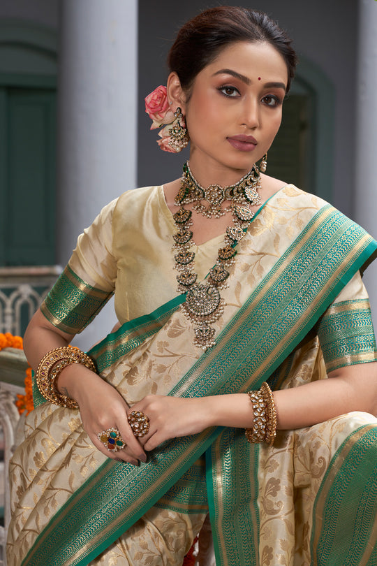 Cream & Blue Banarasi Silk Saree With Blouse Piece