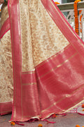 Cream & Pink Banarasi Silk Saree With Blouse Piece